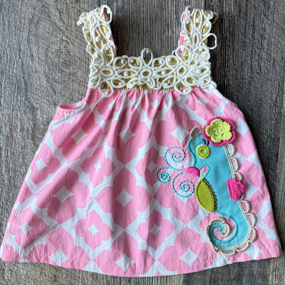 Mud‎ Pie Seahorse Dress 0-6M Pink Beach Summer Boutique Baby Girl